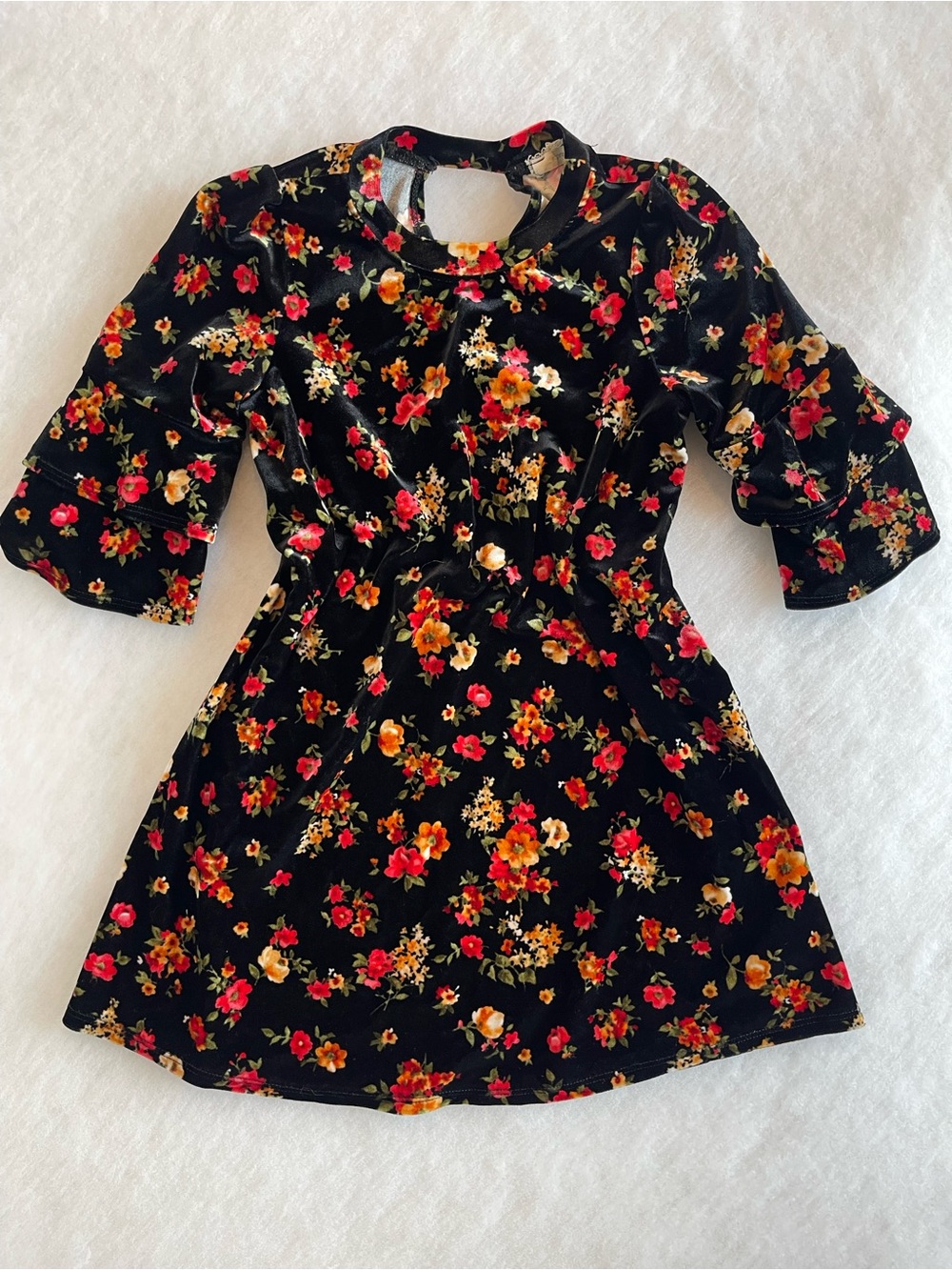Soprano Black Velvet Floral Dress with Red and Orange Blooms